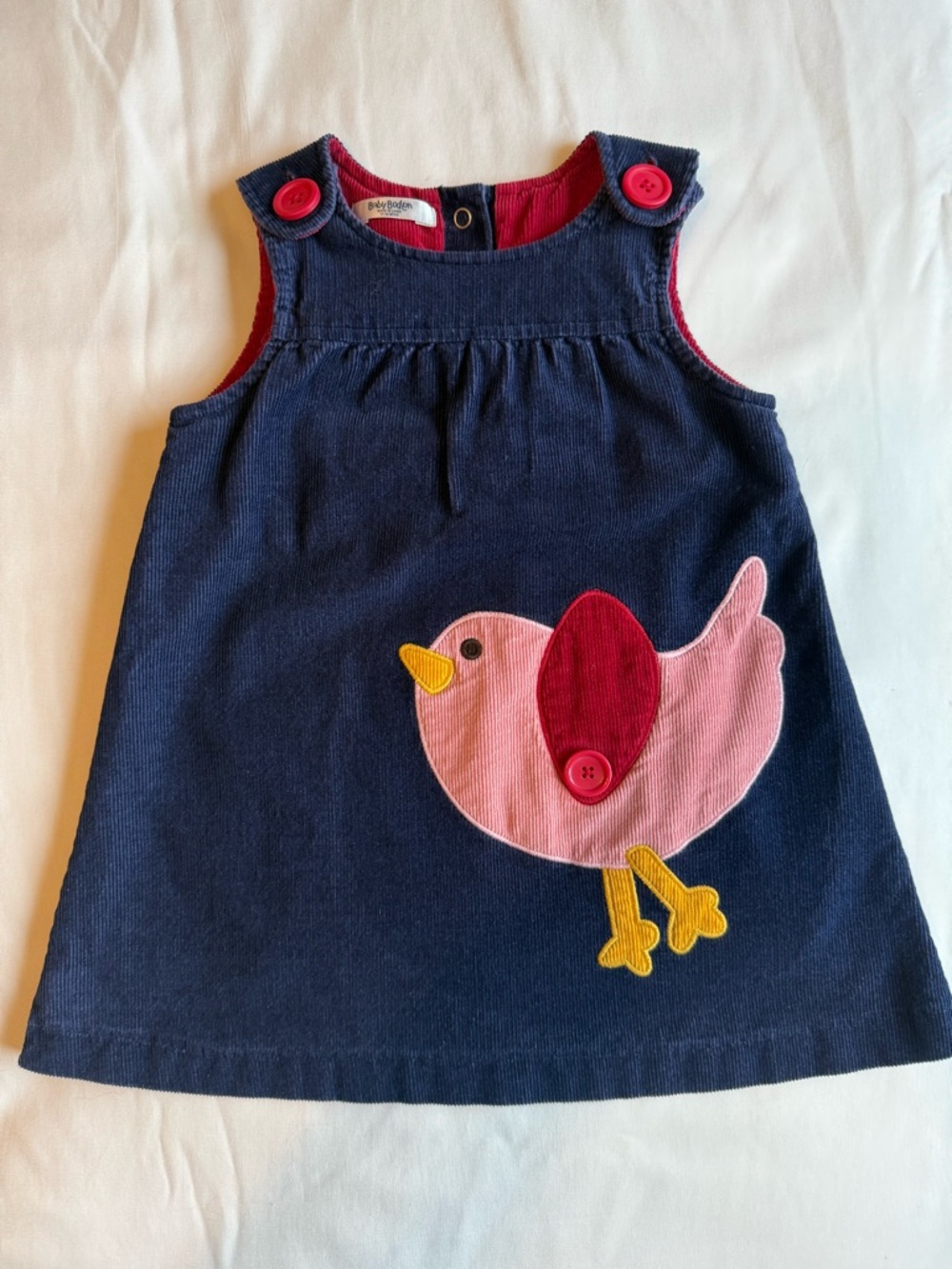 Baby Boden Navy Corduroy Girls Dress with Pink Bird Applique